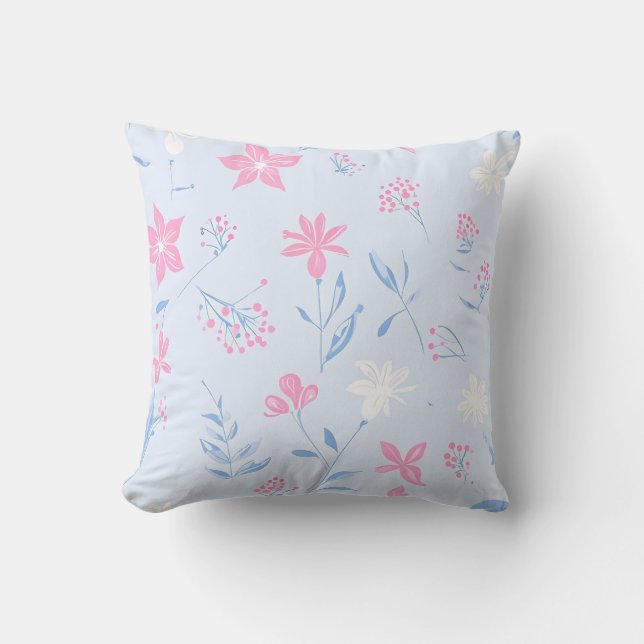 Soft Pink and Blue Floral Throw Pillow (Front)