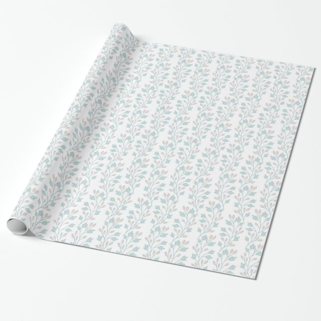 Soft Pink and Blue Vines Flowers Leaves on White Wrapping Paper (Unrolled)