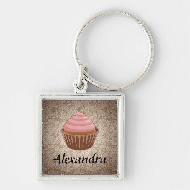 Soft Pink and Brown Cupcake, Personalised Keepsake Key Ring (Front)