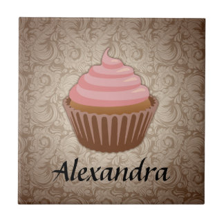 Soft Pink and Brown Cupcake, Personalised Keepsake Tile