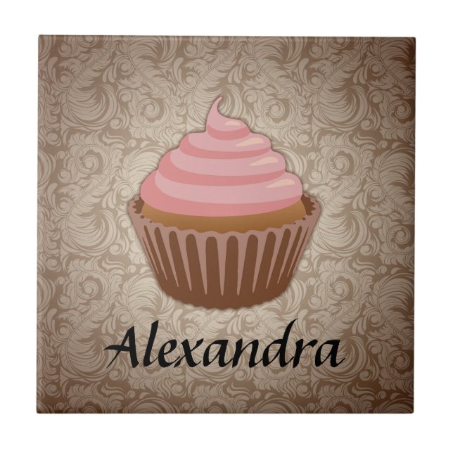 Soft Pink and Brown Cupcake, Personalised Keepsake Tile (Front)