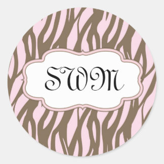 Soft Pink and Brown Monogram Frame Classic Round Sticker
