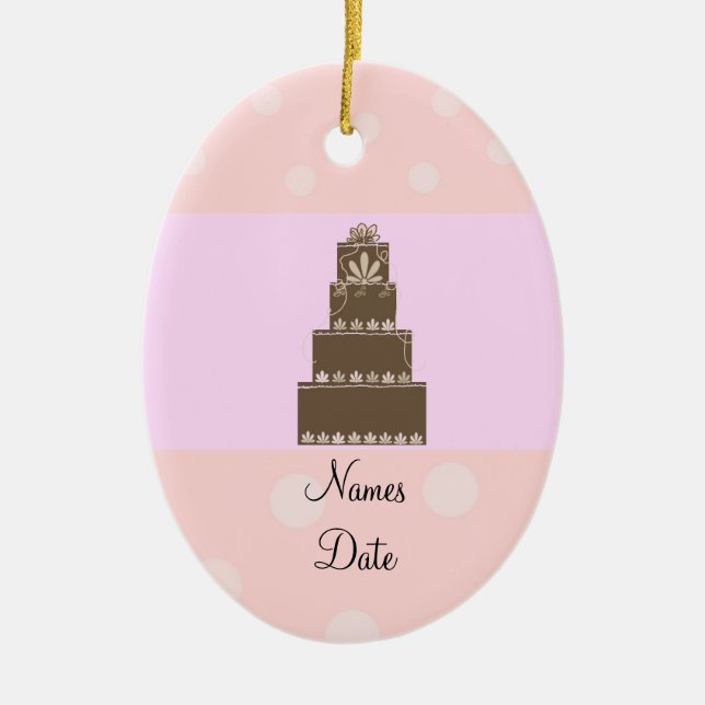Soft Pink and Chocolate Wedding Cake Ceramic Tree Decoration (Front)