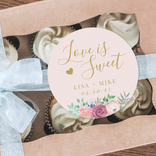 Soft Pink and Floral Love is Sweet Wedding Classic Round Sticker