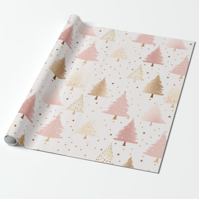 Soft Pink and Gold Christmas Trees Wrapping Paper (Unrolled)