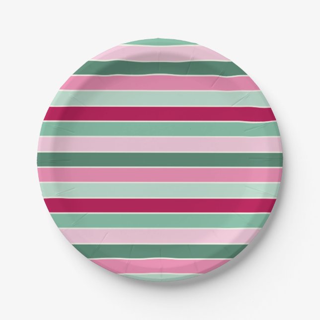 Soft Pink and Green Small Stripes Paper Plate (Front)