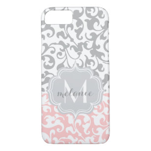 Soft Pink and Grey Damask Monogram iPhone 8/7 Case