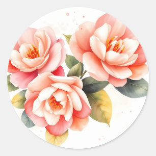Soft Pink and Peach Camellias on Ivory Classic Round Sticker