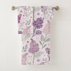 Soft Pink and Purple Lilac Floral Pattern Bath Towel Set