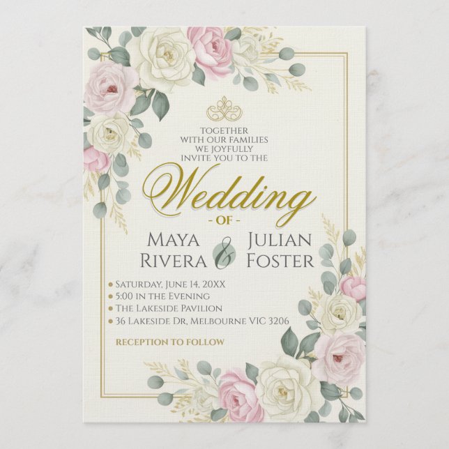 Soft Pink and Sage Green Eucalyptus Wedding Invitation (Front)