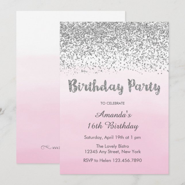 Soft Pink and Silver Birthday Invitation (Front/Back)