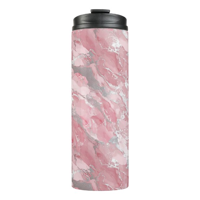 Soft Pink and Silver Marble-Like Pattern Thermal Tumbler (Front)