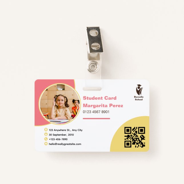 Soft pink and sunny yellow Student ID card Badge ID Badge (Front with Clip)