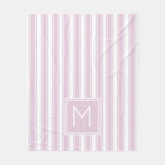 Soft Pink and White Ticking Stripe Monogram Fleece Blanket (Front)