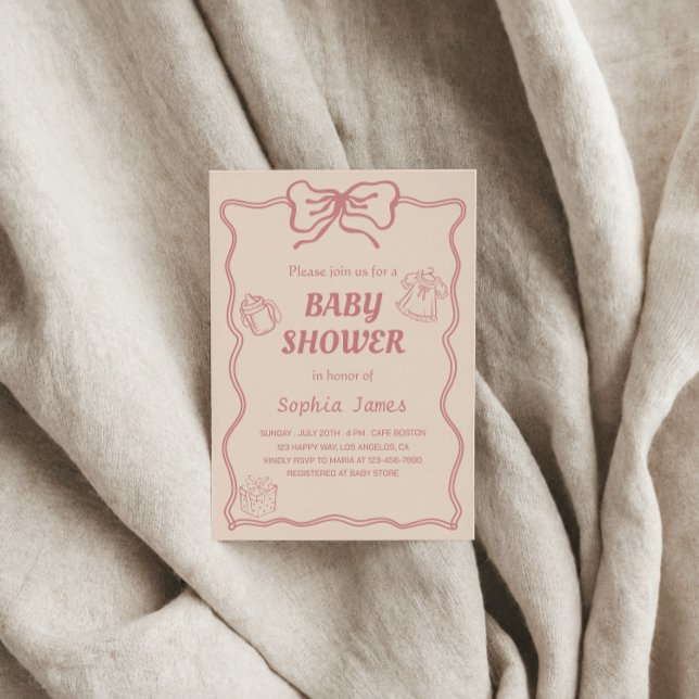 Soft Pink Baby Shower  with Baby Icons & Bow Frame Invitation (Creator Uploaded)