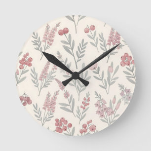 Soft Pink Berries Floral Botanical Seamless Round Clock