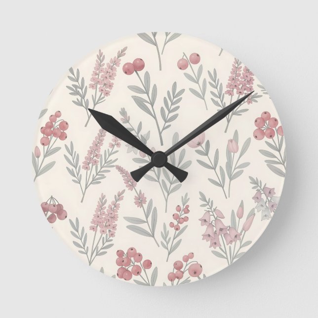 Soft Pink Berries Floral Botanical Seamless  Round Clock (Front)