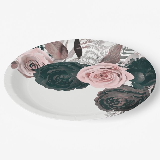 Soft Pink & Black Floral Greenery White Wedding Paper Plate (Angled)