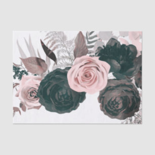 Soft Pink & Black Floral Greenery White Wedding Tissue Paper
