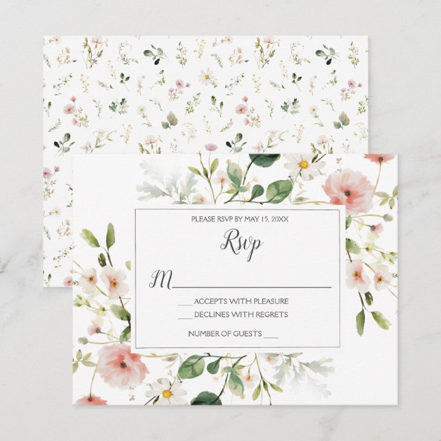 Soft Pink Blossoms Petals Floral Wedding RSVP (Front/Back)
