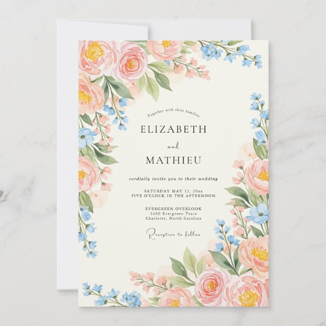 Soft Pink Blue Dreamy Spring Wedding Invitation (Front)