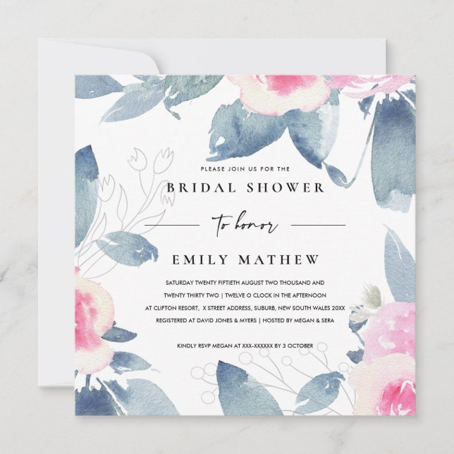 SOFT PINK BLUE FLORAL WATERCOLOR BRIDAL SHOWER INVITATION (Front)