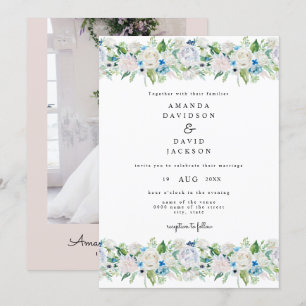 Soft Pink Blue Greenery Romantic Floral Wedding Invitation