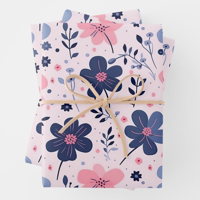 Soft Pink Blue Wildflower Meadow Aesthetic Wrapping Paper Sheet (In situ)