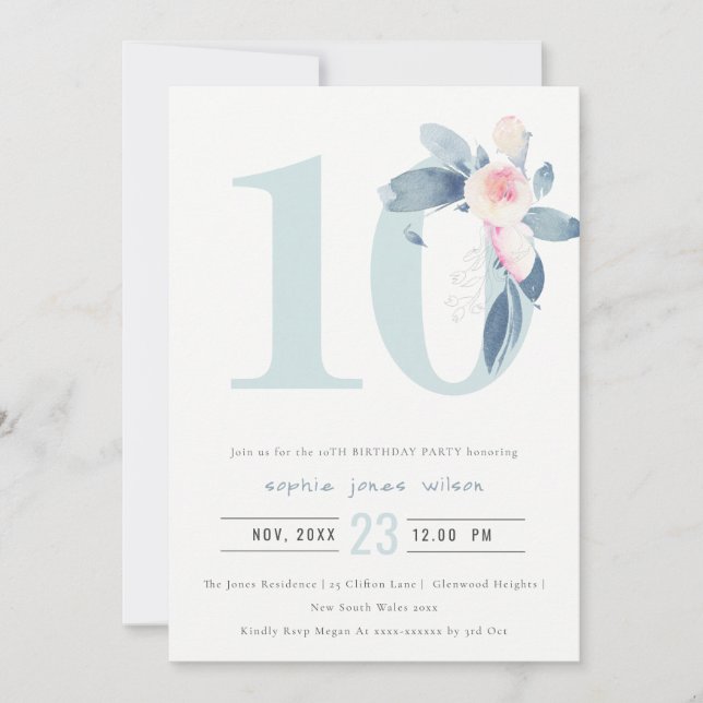 SOFT PINK BLUSH BLUE FLORAL 10TH ANY AGE BIRTHDAY INVITATION (Front)