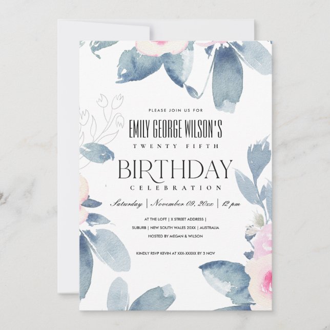 SOFT PINK BLUSH BLUE FLORAL 25th ANY AGE BIRTHDAY Invitation (Front)