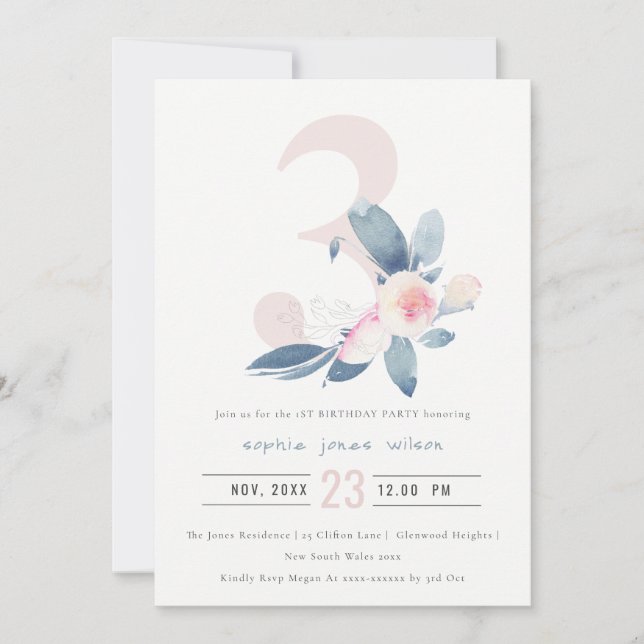 SOFT PINK BLUSH BLUE FLORAL 3RD ANY AGE BIRTHDAY INVITATION (Front)