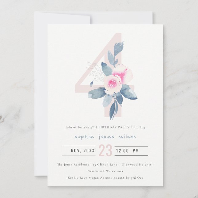 SOFT PINK BLUSH BLUE FLORAL 4TH ANY AGE BIRTHDAY INVITATION (Front)