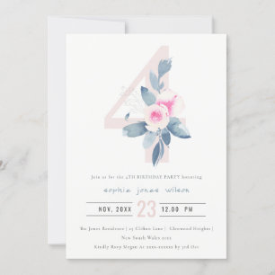 SOFT PINK BLUSH BLUE FLORAL 4TH ANY AGE BIRTHDAY INVITATION
