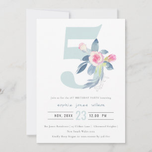 SOFT PINK BLUSH BLUE FLORAL 5TH ANY AGE BIRTHDAY INVITATION