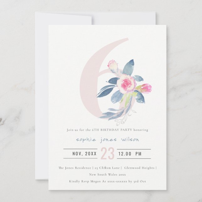 SOFT PINK BLUSH BLUE FLORAL 6TH ANY AGE BIRTHDAY INVITATION (Front)