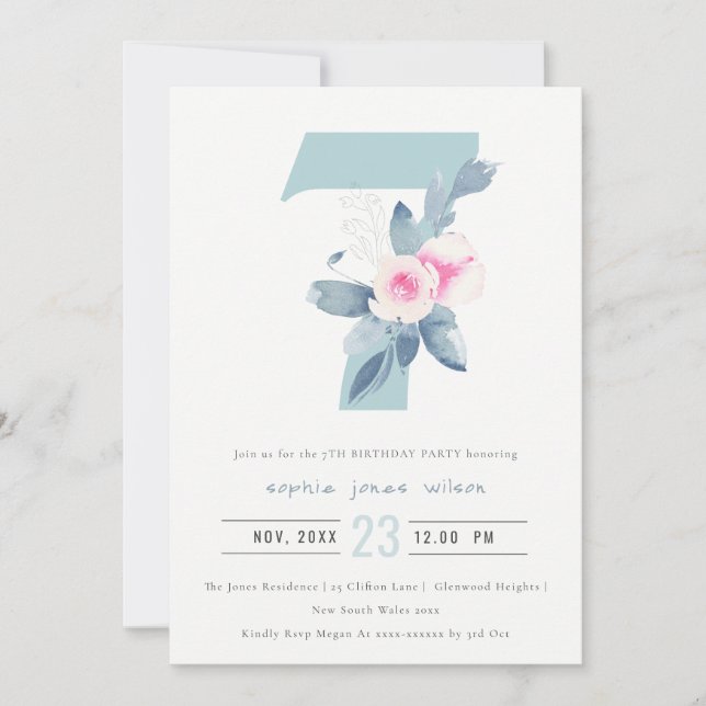 SOFT PINK BLUSH BLUE FLORAL 7TH ANY AGE BIRTHDAY INVITATION (Front)