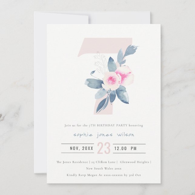 SOFT PINK BLUSH BLUE FLORAL 7TH ANY AGE BIRTHDAY INVITATION (Front)