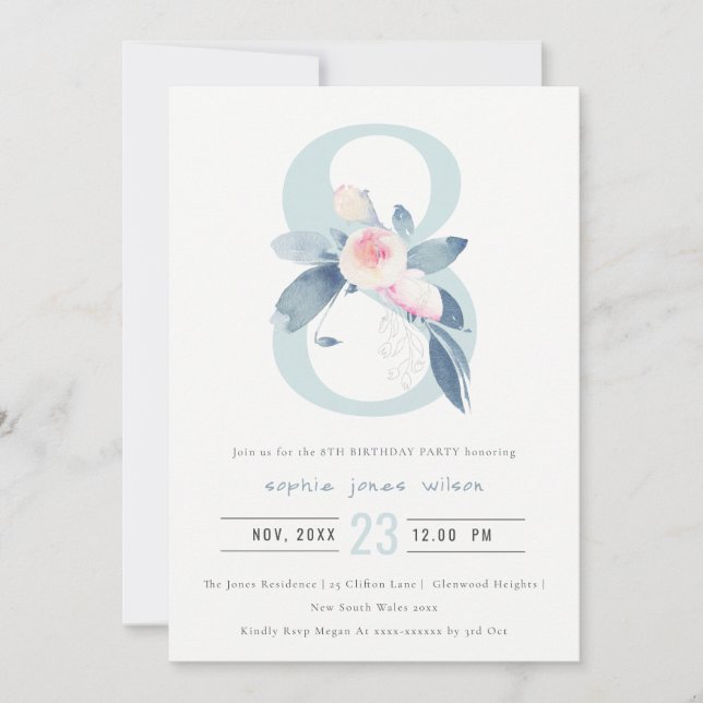 SOFT PINK BLUSH BLUE FLORAL 8TH ANY AGE BIRTHDAY INVITATION (Front)