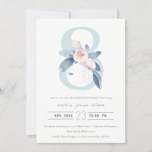 SOFT PINK BLUSH BLUE FLORAL 8TH ANY AGE BIRTHDAY INVITATION