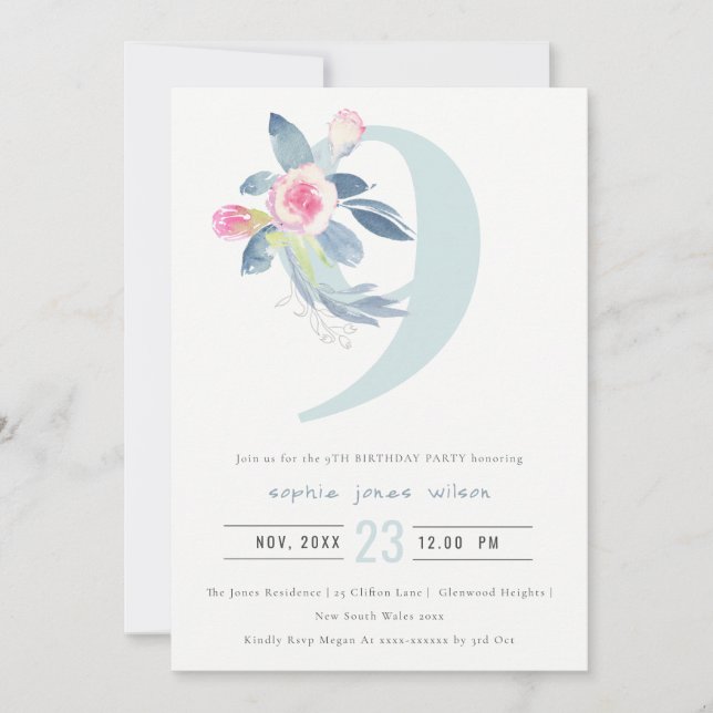 SOFT PINK BLUSH BLUE FLORAL 9TH ANY AGE BIRTHDAY INVITATION (Front)