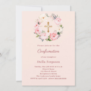 Soft pink blush florals cross Confirmation Invitation