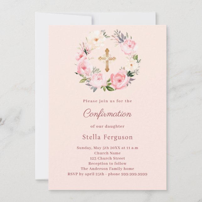 Soft pink blush florals cross Confirmation Invitation (Front)