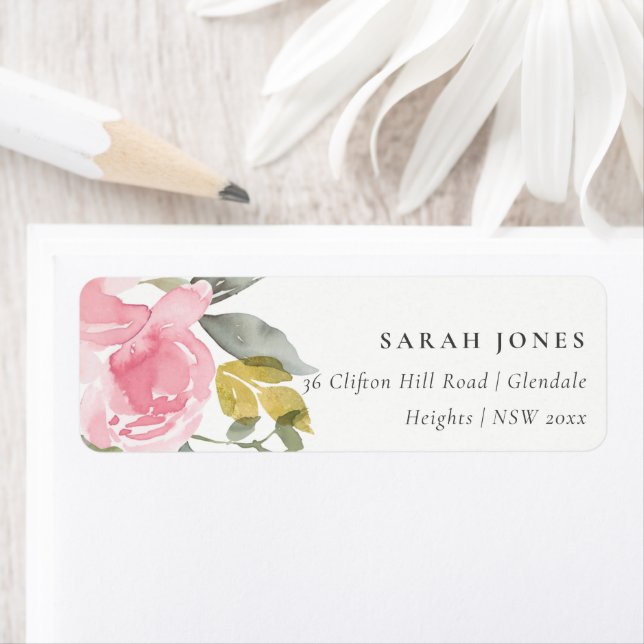 SOFT PINK  BLUSH ROSE WATERCOLOR FLORAL ADDRESS (Insitu)