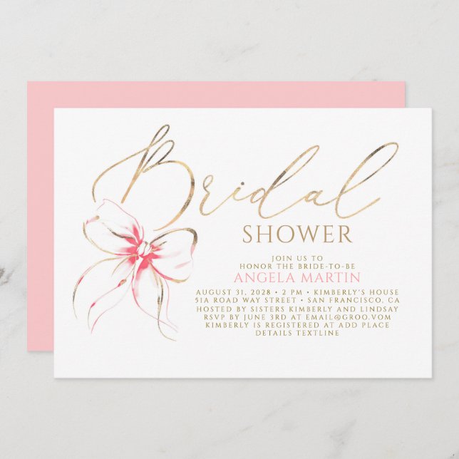 Soft Pink Bow Elegant Romantic Bridal Shower Invitation (Front/Back)