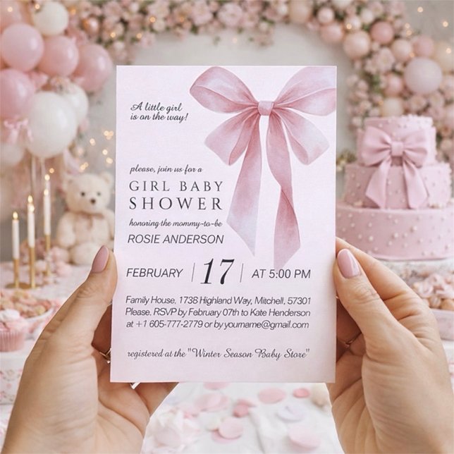 Soft Pink Bow Girl Baby Shower Invitation (Soft Pink Bow Girl Baby Shower Invitation)