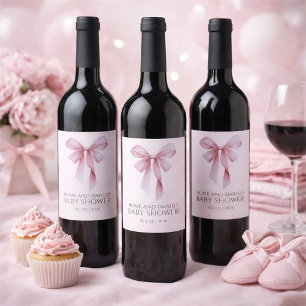 Soft Pink Bow Girl Baby Shower Welcome Wine Label
