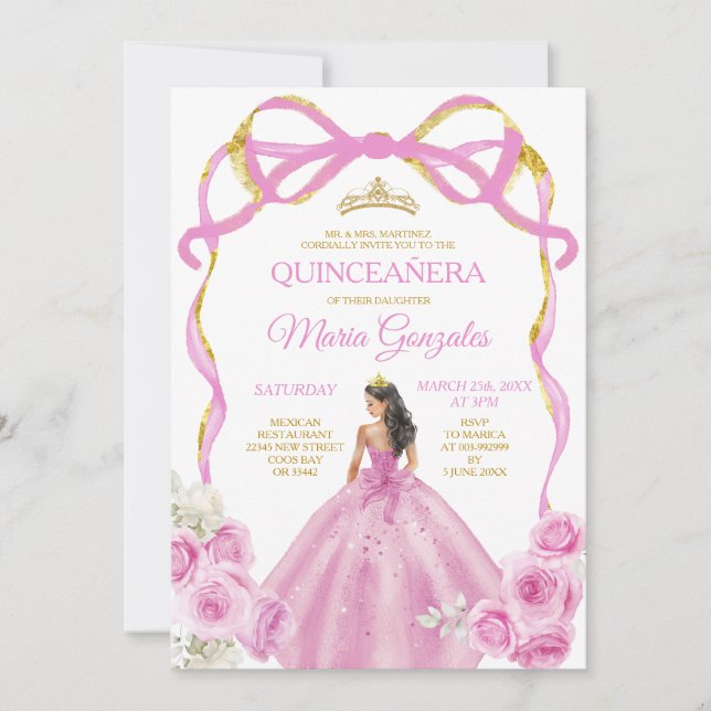 Soft Pink Bow Princess Gold Crown Quinceañera Invitation (Front)