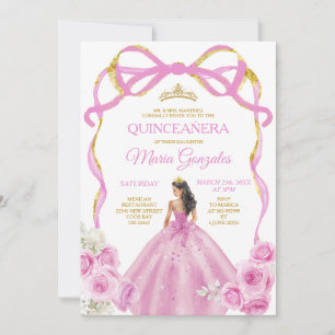 Soft Pink Bow Princess Gold Crown Quinceañera Invitation