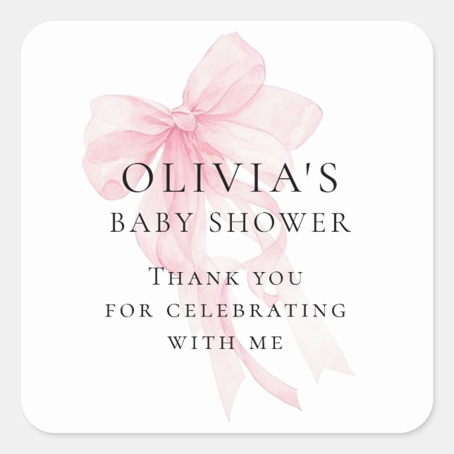 Soft Pink Bow Text Thank You Baby Shower Square Sticker (Front)