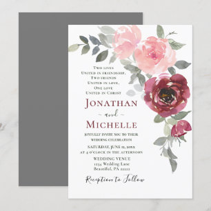Soft Pink Burgundy Floral Christian Wedding Invitation